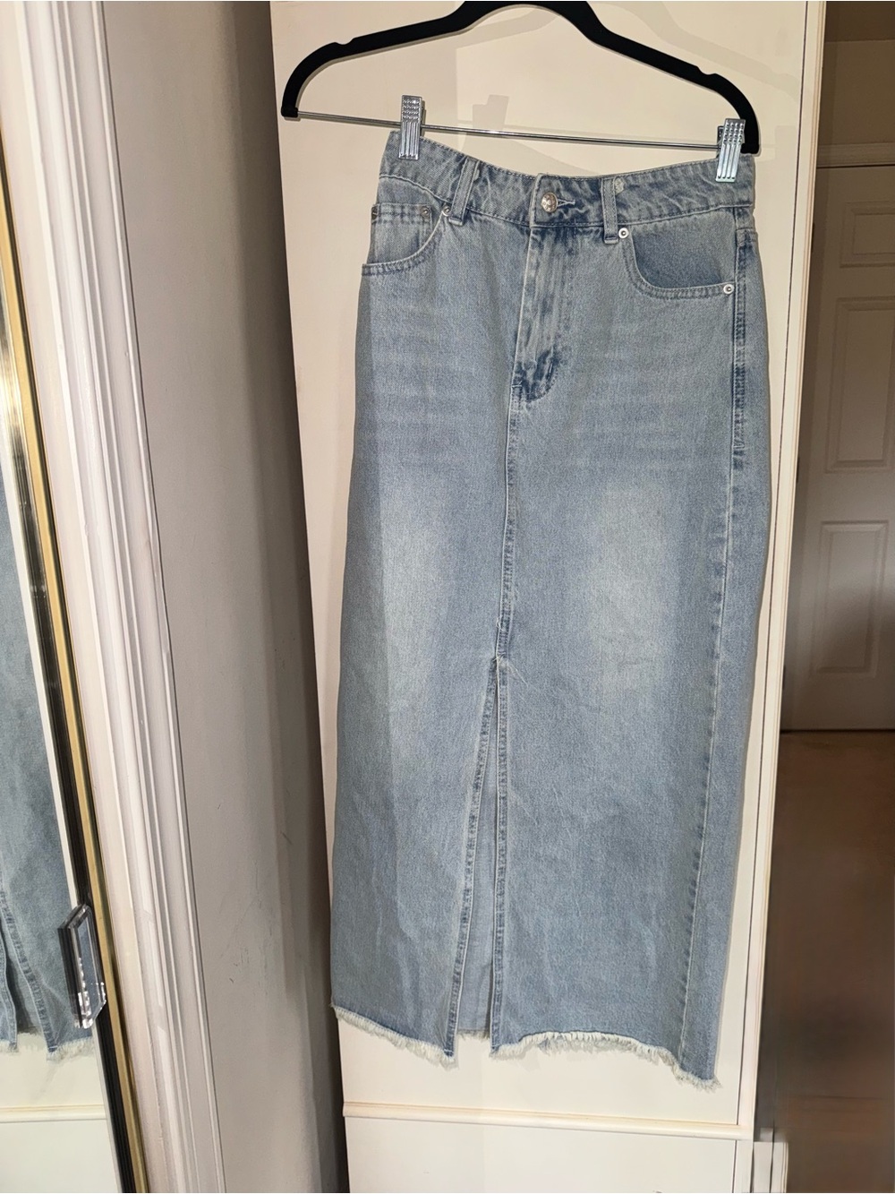 Light Blue Denim Midi Skirt with Front Slit